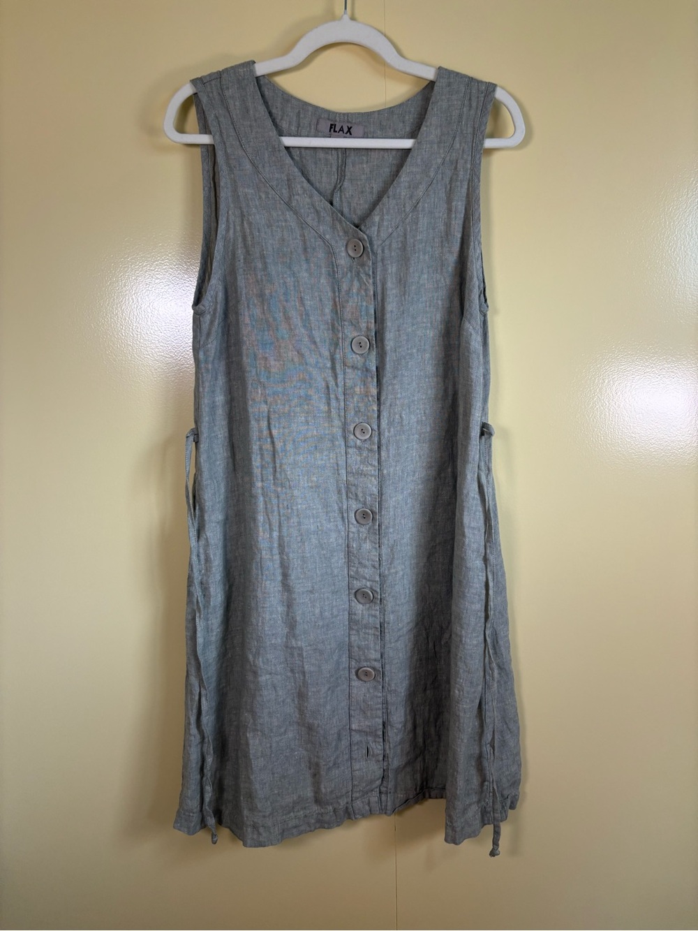 FLAX Sleeveless Button-Front 100% Linen Dress in Gray-Green